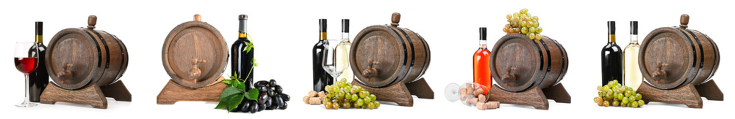 Obraz premium Wooden wine barrels with bottles and grapes on white background