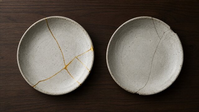 Kintsugi Repaired and Cracked Ceramic Plates Side by Side on Dark Wooden Table, Top View