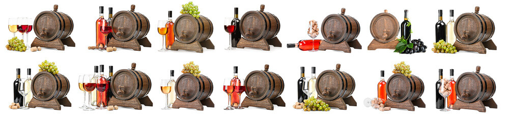 Obraz premium Wooden wine barrels with bottles and glasses of red, white, and rose wine