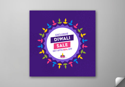 Editable Diwali Festival Sale Social Media Post with Up to 80 Percent Off on Blue Background.