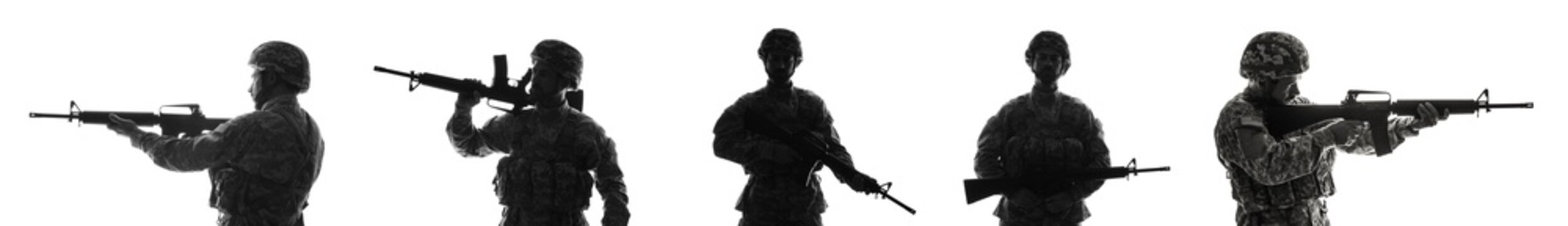 Five military soldiers in camouflage uniform with assault rifles, army and defense concept, isolated on a white background