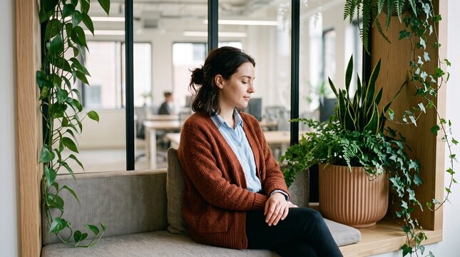 Quiet reset in a biophilic office retreat by the window