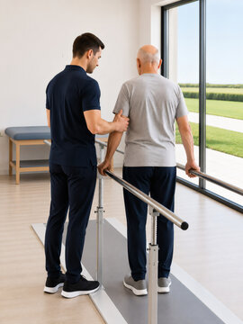 Physical Therapist Assisting Senior Patient with Gait Training