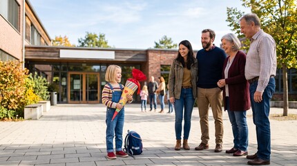 Obraz premium Three generations celebrate a childs first school day arrival