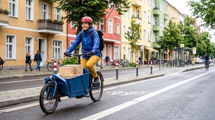 Obraz premium Cargo bicycle enters a colorful German residential street