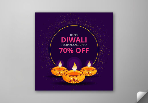 Editable Diwali Festival Sale Social Media Post with Up to 70 Percent Off and Burning Oil Lamps (Diya) on Purple Background.