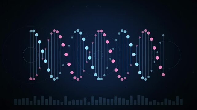 Abstract animated rotating DNA double helix drawn as blue and cyan glowing lines and dots on a deep dark background. Clean minimal motion graphics element with free space around it, ideal for science 