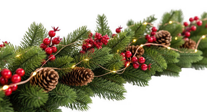 Christmas garland with red berries pine cones and warm glowing lights isolated on transparent background