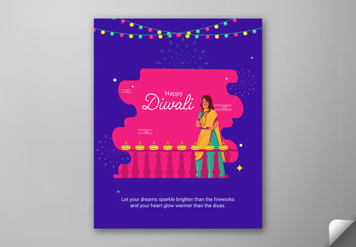 Editable Happy Diwali Festival Social Media Greeting Post Template with Illustration of Indian Woman Decorated Balcony by Diya on Pink and Blue Background.