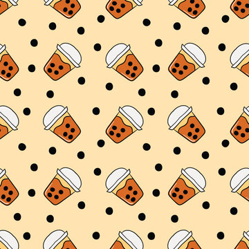 Thai milk tea with brown sugar bubbles seamless pattern on a white background.