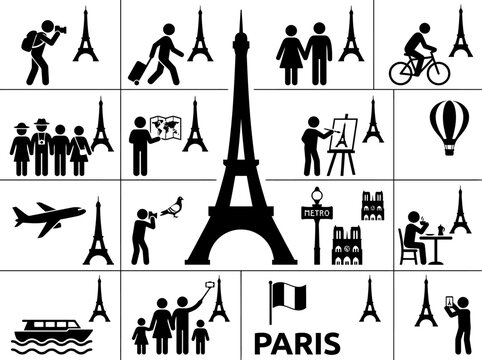 Paris France Travel and Tourism Icon Set - Vector Pictograms of Eiffel Tower and Activities