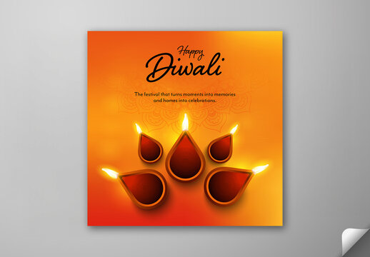 Editable Happy Diwali Festival Social Media Greeting Post with Top View of Burning Oil Lamps (diya) on Orange Mandala Background.