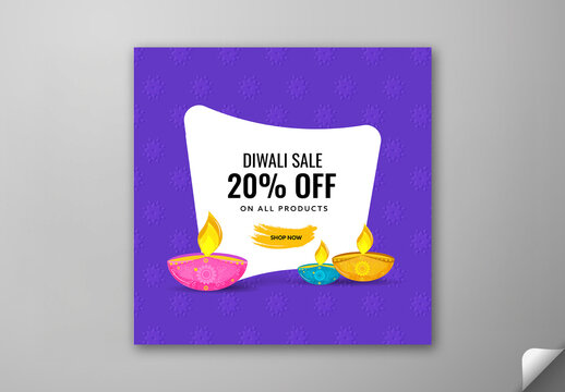 Editable Diwali Festival Sale Social Media Post with 20 Percent Off and Burning Oil Lamps (Diya) on Purple and White Background.