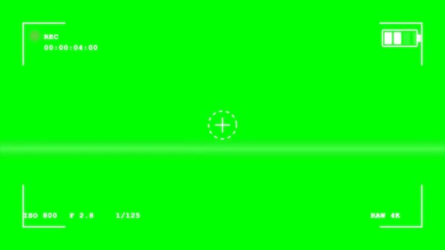 Green Screen Camera Viewfinder Recording Overlay Interface with Timecode, Battery Icon, and Camera Settings for Video Production and Chroma Key VFX
