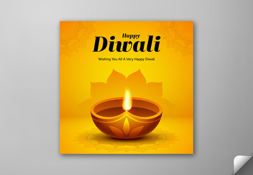 Editable Happy Diwali Festival Social Media Greeting Post with Burning Oil Lamp (diya) on Yellow Mandala Background.