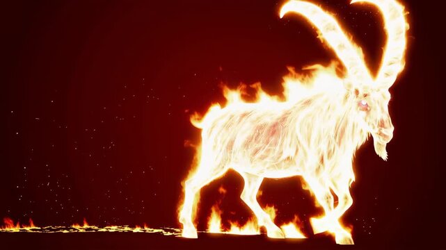 Glowing fiery goat silhouette for Year of the Goat 2027, animated zodiac symbol with blazing flames on dark background, Chinese New Year concept for festive motion graphics and celebration