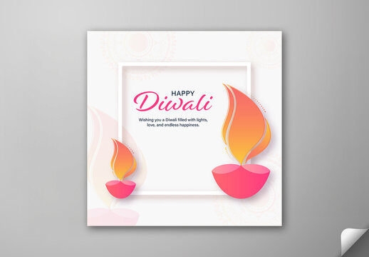 Editable Happy Diwali Festival Social Media Greeting Post with Burning Oil Lamps (diya) on White Mandala Background.