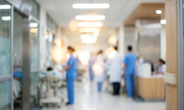 A blurred view of a hospital corridor with medical staff in blue scrubs attending to patients, showcasing a busy healthcare environment.