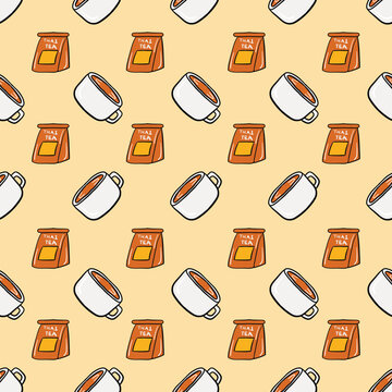 A cup of hot Thai tea with a tea bag seamless pattern on a yellow background.