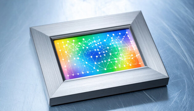 Modern silver framed digital display showcasing a vibrant rainbow spectrum network of connections, symbolizing global data and communication.