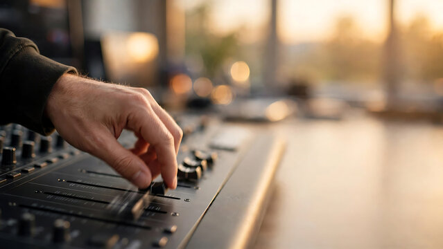 Professional sound engineer adjusting a mixing console fader in a recording studio during golden hour