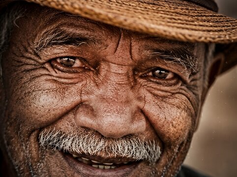 Close up portrait of smiling senior man in straw hat with wrinkles and grey mustache. Happy elderly male farmer face expressing wisdom, joy, lifetime experience, and authentic human emotion.