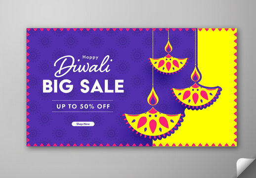 Editable Happy Diwali Big Sale TV Ads Banner Template with Up to 50 Percent Off and Hanging Diyas Illustration on Violet and Yellow Background.