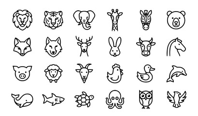 Animal heads line art icon set, wild and domestic animals minimalist outline vector illustration collection © Keyapayal