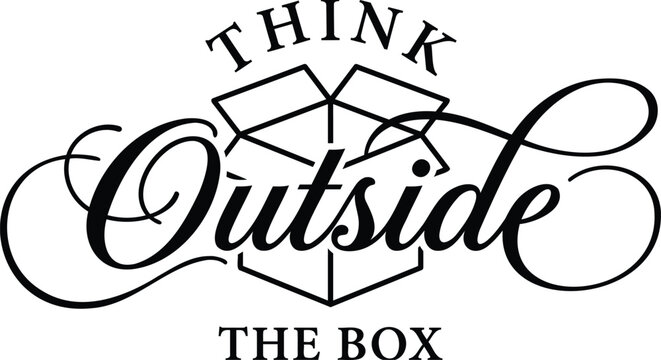 A creative motivational quote design featuring the phrase think outside the box with elegant calligraphy and a line art box