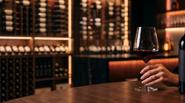 Womans hand holding glass of red wine on wooden table against illuminated wine cellar racks filled with luxury bottles, romantic fine dining experience and sommelier tasting concept photo.