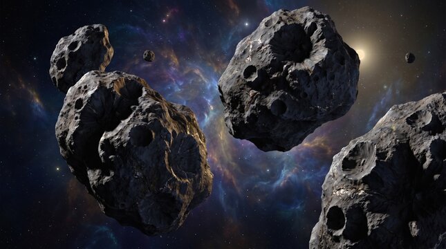Cosmic debris and large floating asteroids backlit by distant starlight in outer space.