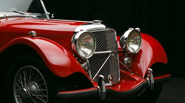 Front view close up of rare vintage red luxury sports car with chrome grille, large round headlights and spoke wheels on dark background, antique classic vehicle exhibition photo.