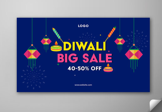 Editable Diwali Festival Big Sale TV Ads Banner Design with 40 to 50 Percent Off and Festive Elements Decorated on Blue Background.