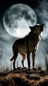 Majestic wolf howling at full moon under dramatic night sky, animated wildlife scene with glowing lunar backdrop, mystical forest atmosphere, nature fantasy and cinematic motion graphics