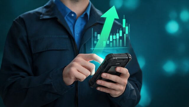 Factory Manager Tapping Smartphone to Monitor Real-time Smart Factory Production Data