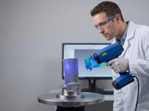 Engineer using blue light handheld 3D scanner on metal turbine blade in a quality control lab