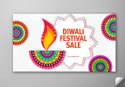 Editable Diwali Festival Sale Social Media TV Ads Banner Design with Creative Burning Diya and Colorful Mandala on White Background.