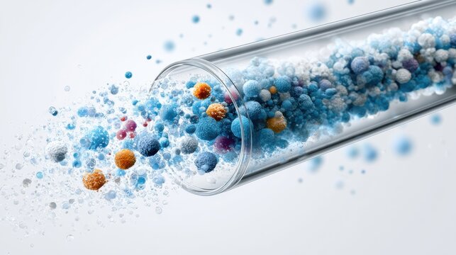 Colored particles spilling out of a test tube