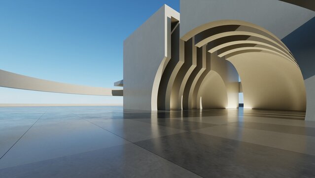 Abstract architecture background, Concrete arched tunnel structure with curved roof on tiled floor, Scene for car presentation, Modern Exterior, 3D rendering