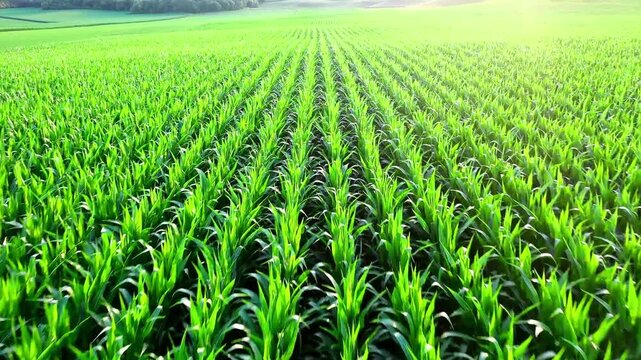 aerial view over rows of young green corn crops in farmland