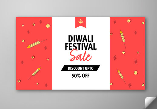 Editable Diwali Festival Sale TV Ads Banner Template with Up to 50 Percent Discount on Coral Red and White Background.