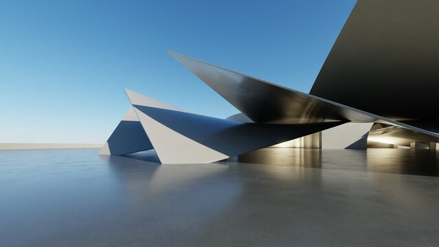 Abstract architecture background, Metallic angular sail-shaped structure on empty concrete floor, Scene for car presentation, Modern Exterior, 3D rendering