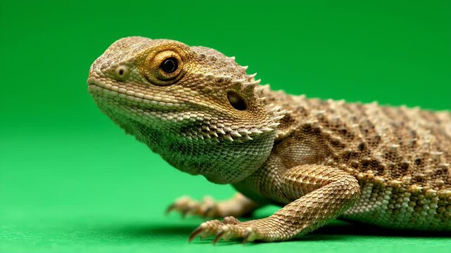 Bearded dragon lizard portrait with textured scales isolated on a green background