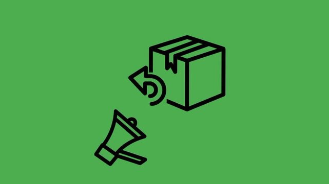 Product recall icon featuring a megaphone, box, and return arrow. Suitable for product withdrawal, customer notification, safety, and quality control concepts.