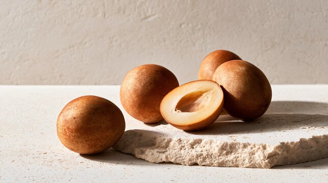 A bright editorial composition featuring sapodilla fruit positioned diagonally across pale limestone