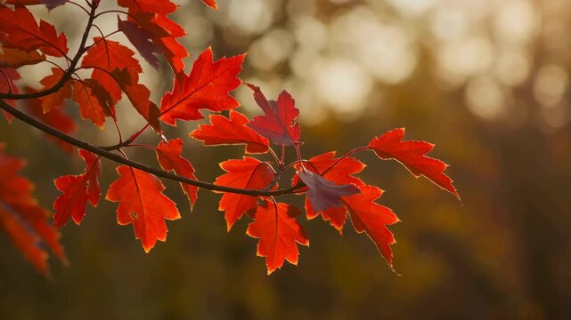 Red maple leaves glowing in warm backlight on diagonal branch with soft bokeh and rich autumn color, creating natural texture, translucent edges, and calm seasonal atmosphere