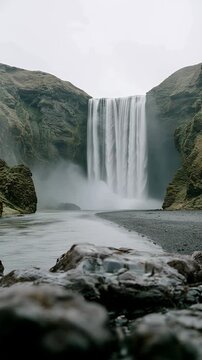 Majestic waterfall cascading through rugged canyon with misty river and dramatic Icelandic landscape, animated nature scene showcasing pristine wilderness, scenic travel destination and cinematic outd