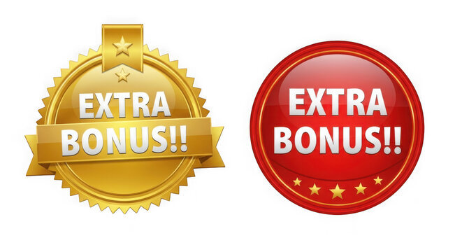 Gold and red extra bonus badge labels for promotion isolated on transparent background