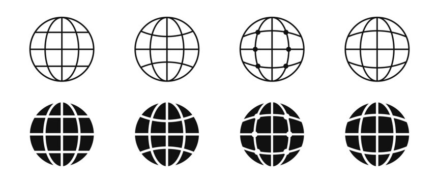 Globe world line and glyph vector icon set global network internet web connection symbol isolated on white background