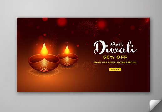 Editable Shubh Diwali Festival Sale Social Media TV Ads Banner with 50 Percent Off and Burning Oil Lamps (Diya) on Brown Background.